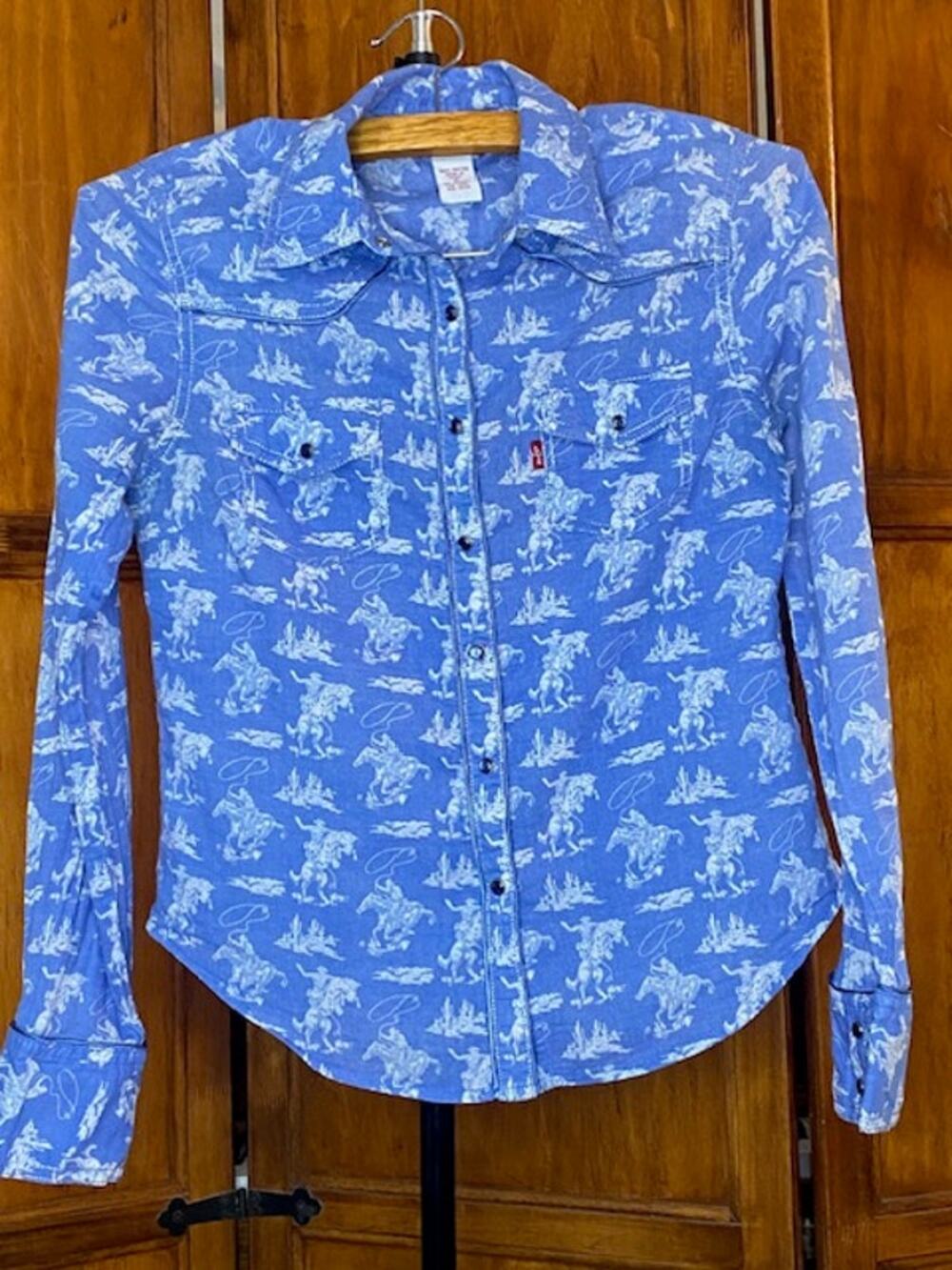 Levi's Women's M Western Snap Shirt Blue Horse Ranch Print 100% Cotton